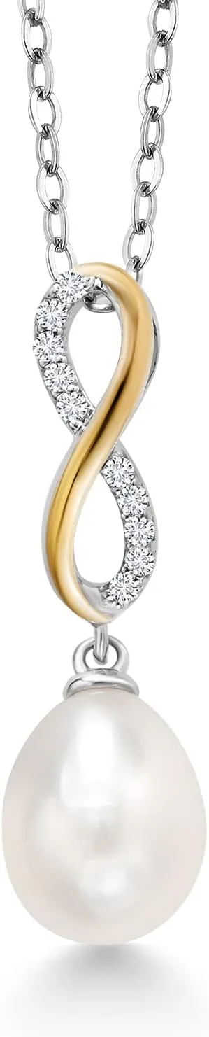 Gem Stone King 925 Sterling Silver and 10K Yellow Gold 10X8MM Cultured Freshwater Pearl and White Lab Grown Diamond Pendant Necklace For Women with 18 Inch Chain