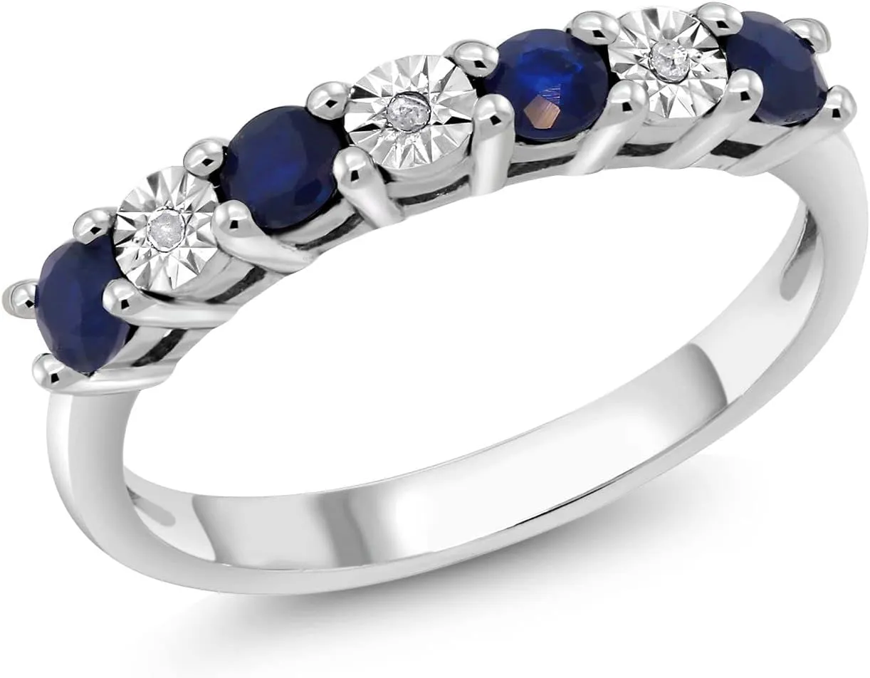Gem Stone King 925 Sterling Silver Blue Sapphire & White Diamond Engagement Ring For Women | Wedding Ring For Women | Available In Size 5, 6, 7, 8, 9
