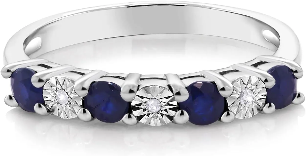 Gem Stone King 925 Sterling Silver Blue Sapphire & White Diamond Engagement Ring For Women | Wedding Ring For Women | Available In Size 5, 6, 7, 8, 9