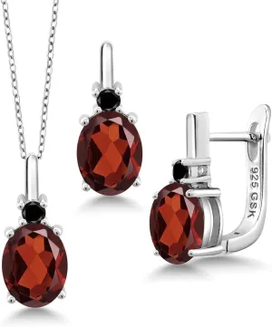 Gem Stone King 925 Sterling Silver Oval Red Garnet and Black Diamond Pendant Earrings Set For Women (6.44 Cttw, Gemstone Birthstone, with 18 inch Chain)