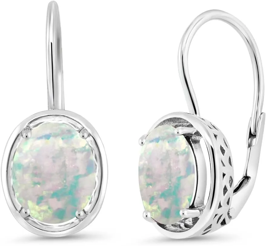Gem Stone King 925 Sterling Silver White Simulated Opal Dangle Earrings For Women (1.20 Cttw, Oval Cabochon 9X7MM)
