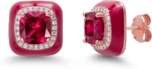 Gem Stone King Made In Italy 18K Rose Gold Plated Silver Red Simulated Ruby Red Enamel Earrings For Women (8MM Cushion, 1/2 Inch)