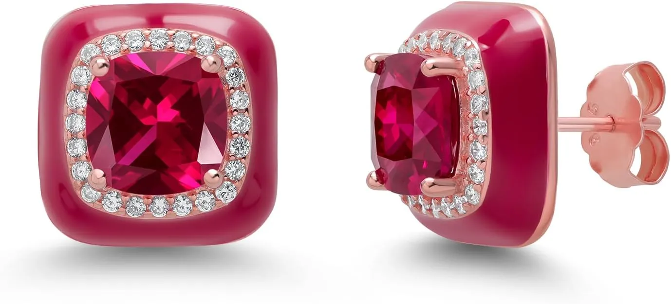 Gem Stone King Made In Italy 18K Rose Gold Plated Silver Red Simulated Ruby Red Enamel Earrings For Women (8MM Cushion, 1/2 Inch)