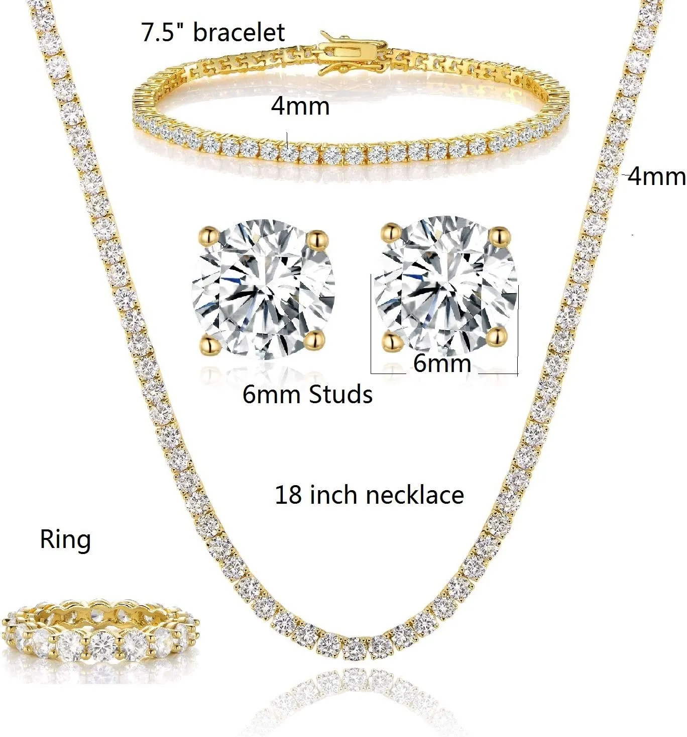 Gemsme 18K White Gold Plated Tennis Necklace/Bracelet/Earrings/Band Ring Sets Hypoallergenic Jewelry Pack of 4