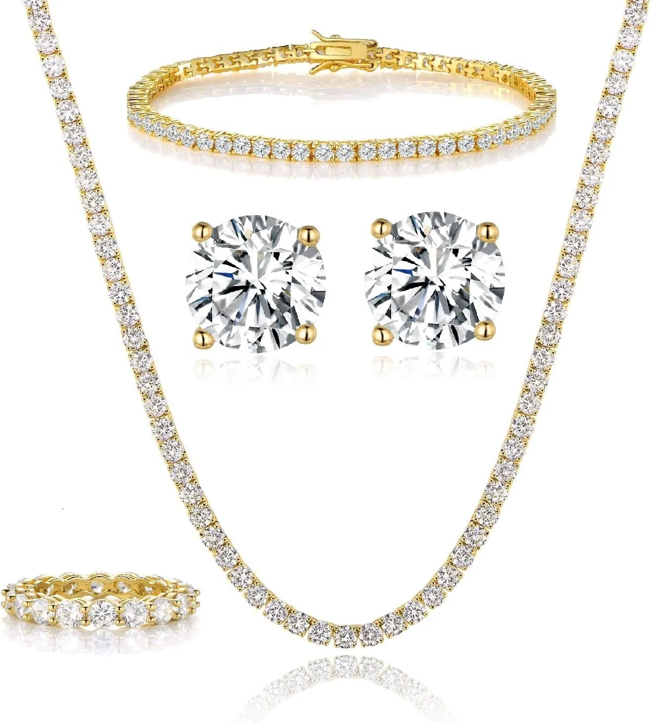 Gemsme 18K White Gold Plated Tennis Necklace/Bracelet/Earrings/Band Ring Sets Hypoallergenic Jewelry Pack of 4