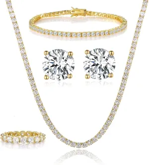 Gemsme 18K White Gold Plated Tennis Necklace/Bracelet/Earrings/Band Ring Sets Hypoallergenic Jewelry Pack of 4