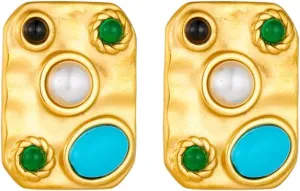 Geometric Square Stud Earrings for Women Blue Turquoise Cabochon Gemstones Earrings Stainless Steel Studs Bohemian Style Vintage Ear Jewelry