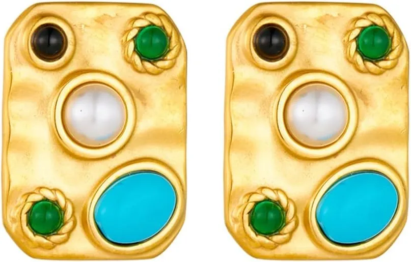Geometric Square Stud Earrings for Women Blue Turquoise Cabochon Gemstones Earrings Stainless Steel Studs Bohemian Style Vintage Ear Jewelry