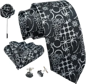 Geometric Ties For Men  Tie Set With Pocket Square Cufflinks & Flower Brooch Pin For Mens (APN3) (Pack of 4)