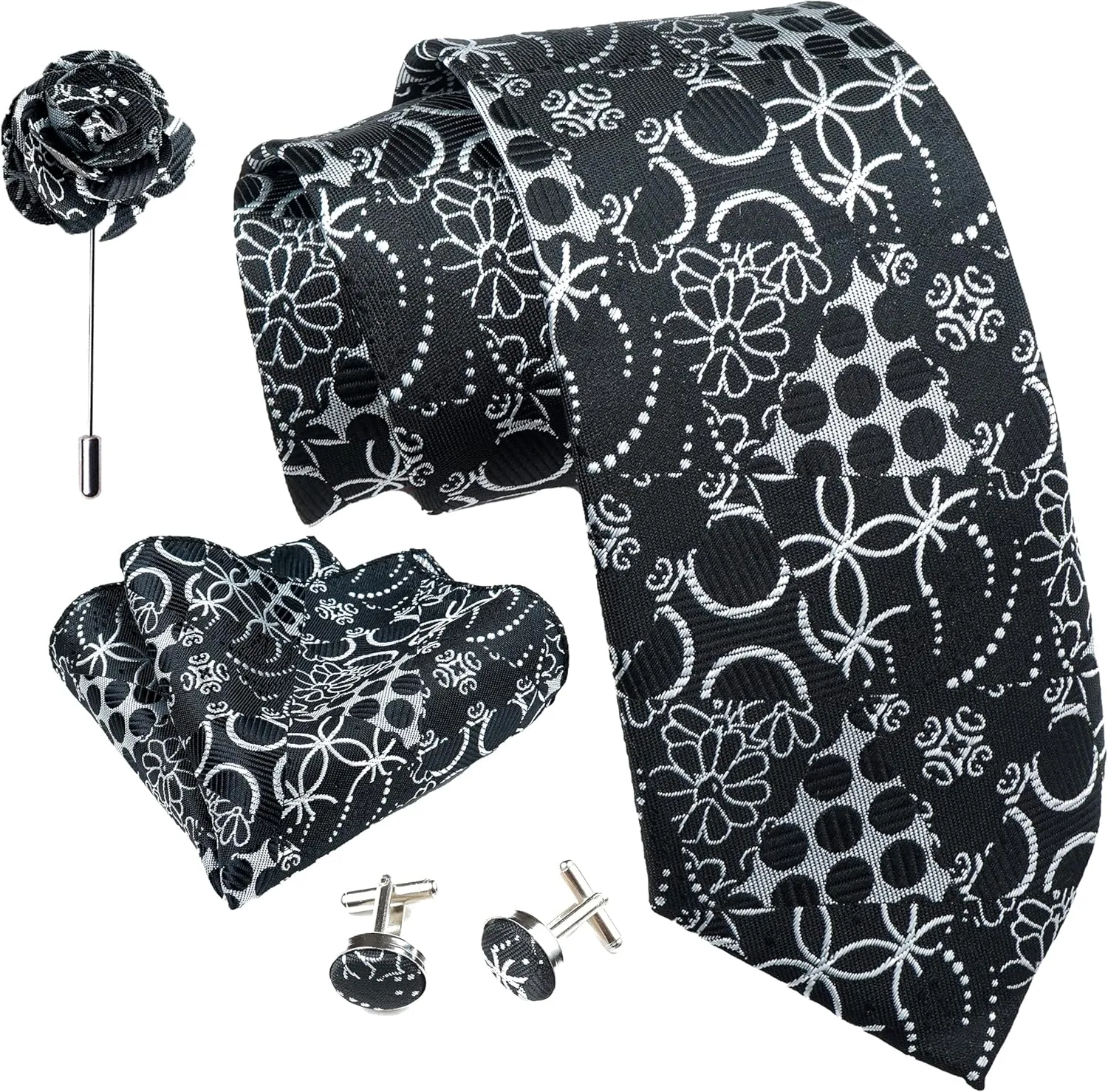 Geometric Ties For Men  Tie Set With Pocket Square Cufflinks & Flower Brooch Pin For Mens (APN3) (Pack of 4)