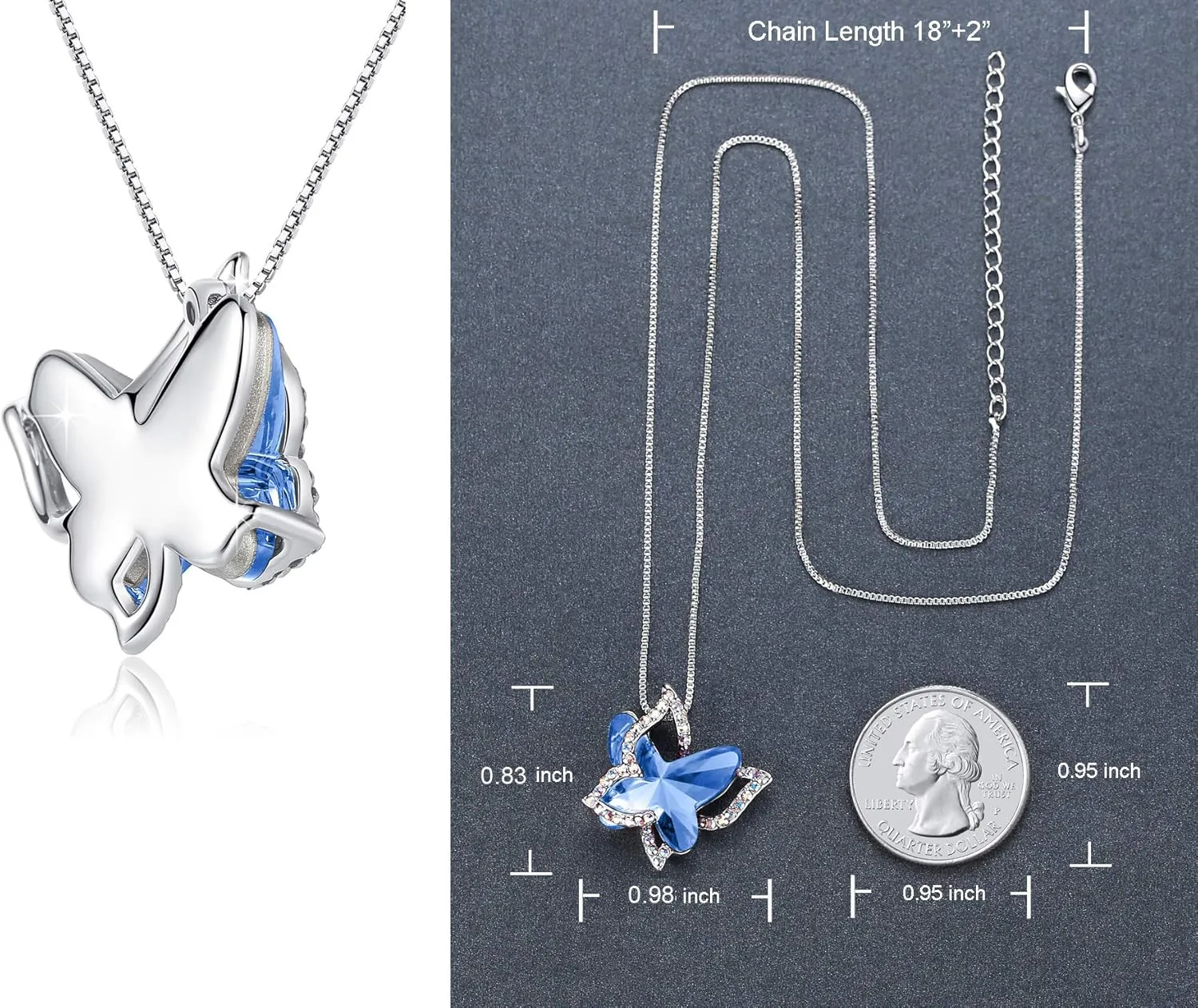 Gift Butterfly Birthstone Crystal Necklace, Silver Tone with 18 2 Chain, Necklace for Mothers Day Anniversary Birthday Gifts for Women and Daughter