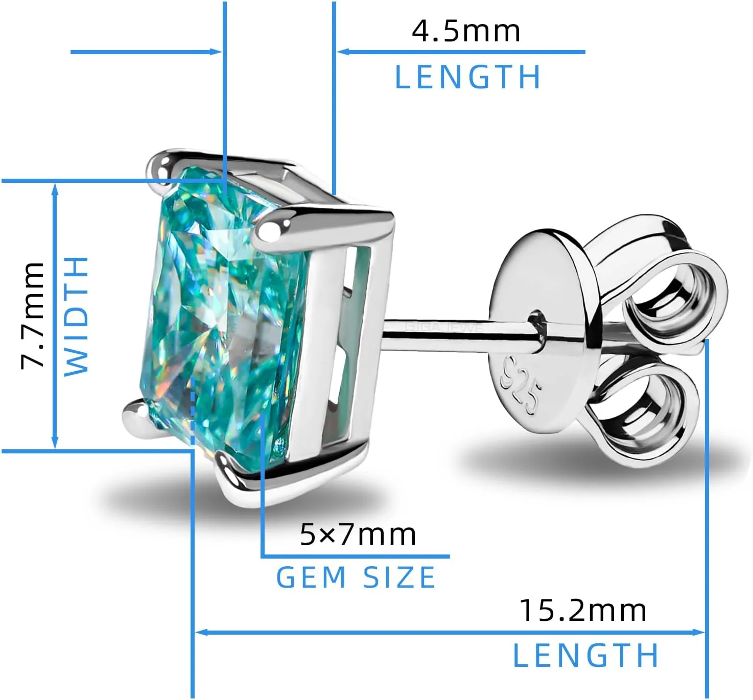 GIGAJEWE Blue Green Color Moissanite Stud Earrings Radiant Cut Moissanite Earrings 2.0ct/pair,18K Gold Plated 925 Steling Silver, Stud Earrings For Women
