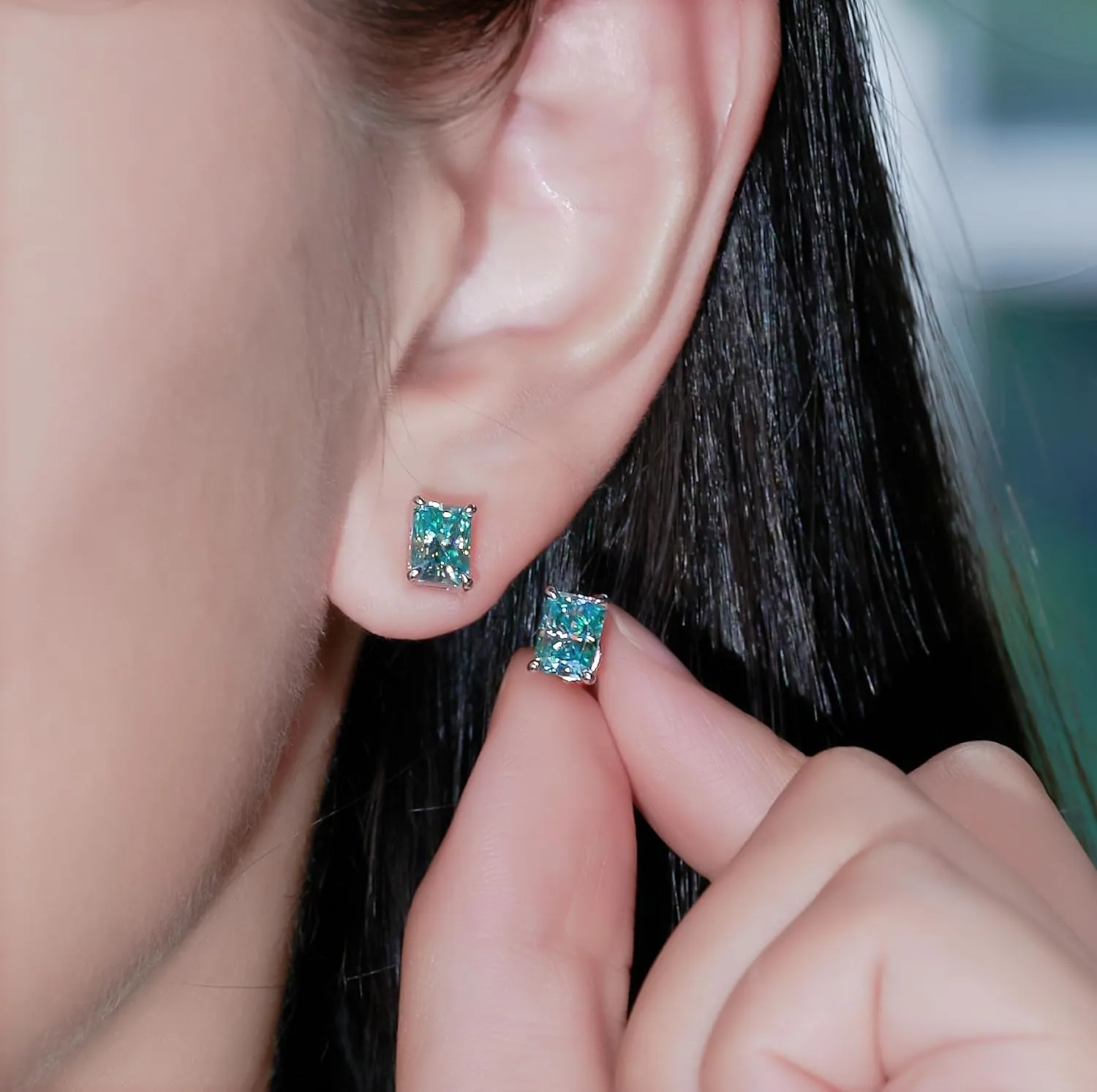 GIGAJEWE Blue Green Color Moissanite Stud Earrings Radiant Cut Moissanite Earrings 2.0ct/pair,18K Gold Plated 925 Steling Silver, Stud Earrings For Women