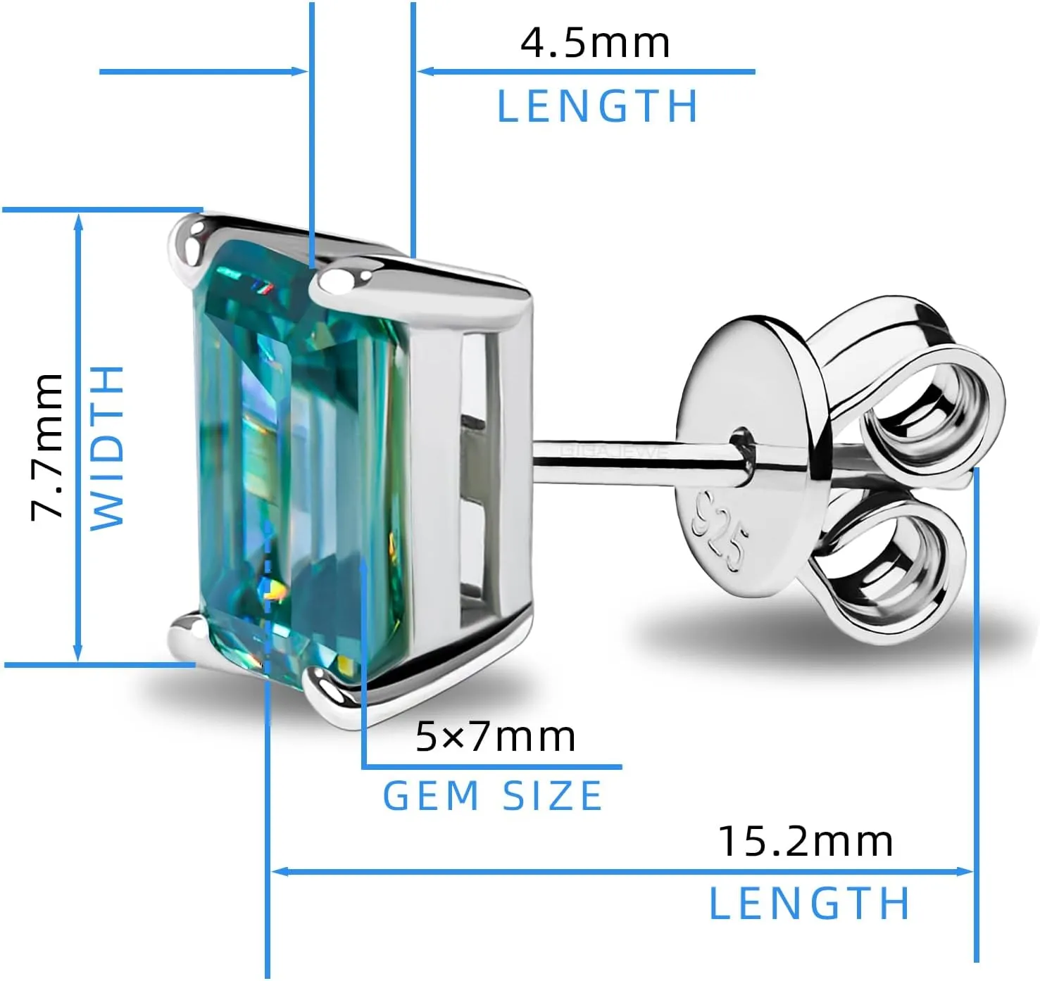 GIGAJEWE Blue Green Color Moissanite Stud Earrings Radiant Cut Moissanite Earrings 2.0ct/pair,18K Gold Plated 925 Steling Silver, Stud Earrings For Women