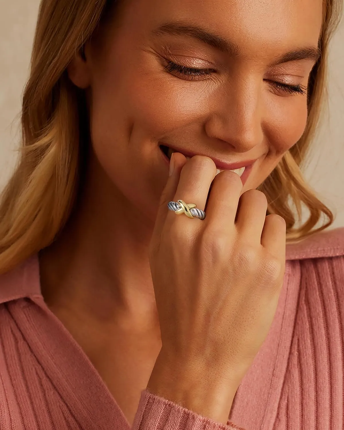 Gold and Silver Rings Cable Cross - Two Tone Ring Vintage Intertwined - Silver Statement Rings Cocktail Jewelry for Women