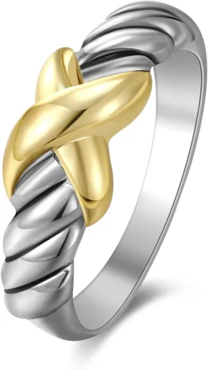Gold and Silver Rings Cable Cross - Two Tone Ring Vintage Intertwined - Silver Statement Rings Cocktail Jewelry for Women