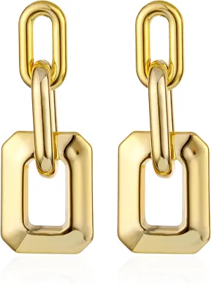 Gold Chain Link Stud Earrings for Women 18K Gold Plated Symmetrical Drop Chain Retro Rectangle Dangle Earring Jewelry