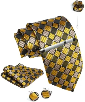 Gold Checkered Ties For Men  Tie Set With Pocket Square Cufflinks Tie Clip Bar & Flower Brooch Pin For Mens (Pack of 5) (AXTS73)