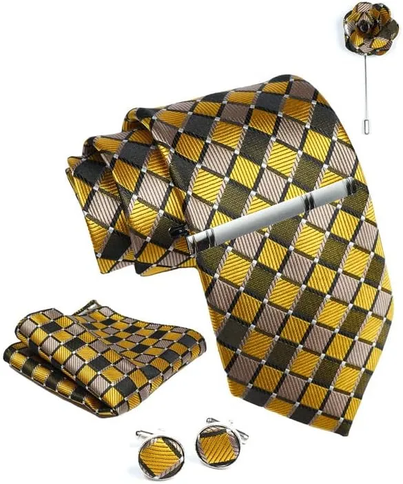 Gold Checkered Ties For Men  Tie Set With Pocket Square Cufflinks Tie Clip Bar & Flower Brooch Pin For Mens (Pack of 5) (AXTS73)