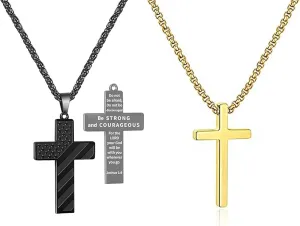 Gold Cross Necklace for Men 2PCS: Stainless Steel Mens Cross Necklaces Cross Chain for Men, American Flag Cross Necklace for Men, Women Cross Necklace Christian Necklace for Men | 20 Inch & 24 Inch