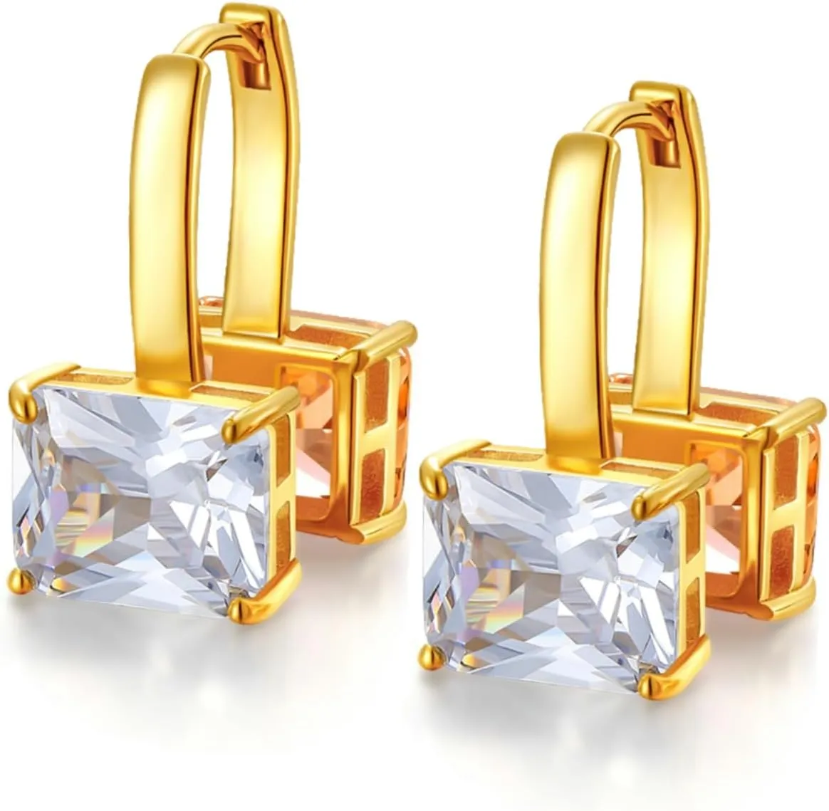 Gold Crystal Earrings, Clear and Champagne Octagon Cut Crystals Earrings for Women Trendy, 14k Gold Plated Double Sided Cubic Zirconia Hoop Earrings, November Birthstone Jewelry Gift