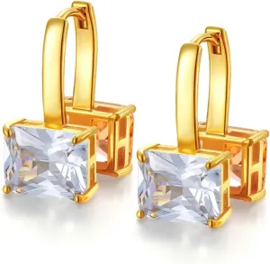 Gold Crystal Earrings, Clear and Champagne Octagon Cut Crystals Earrings for Women Trendy, 14k Gold Plated Double Sided Cubic Zirconia Hoop Earrings, November Birthstone Jewelry Gift
