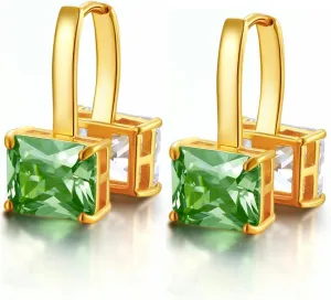 Gold Crystal Earrings, Green Emerald and Clear Octagon Cut Crystals Earrings for Women Trendy, 14k Gold Plated Double Sided Cubic Zirconia Hoop Earrings, May Birthstone Jewelry Gift