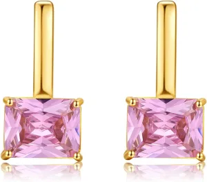 Gold Crystal Earrings, Pink Tourmaline and Clear Octagon Cut Crystals Earrings for Women Trendy, 14k Gold Plated Double Sided Cubic Zirconia Hoop Earrings, October Birthstone Jewelry Gift