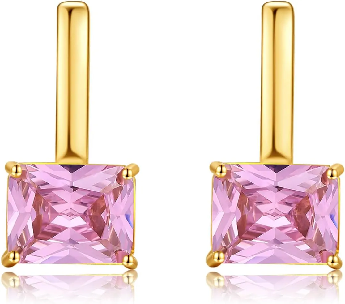 Gold Crystal Earrings, Pink Tourmaline and Clear Octagon Cut Crystals Earrings for Women Trendy, 14k Gold Plated Double Sided Cubic Zirconia Hoop Earrings, October Birthstone Jewelry Gift