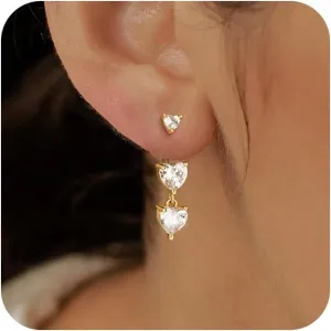 Gold Earrings for Women Trendy 14K Ear Jacket Post Hanging Back Studs Adjustable Holes Dainty Lightweight Cubic Zirconia | Bow | Chain | Heart Dangle Jewelry Gifts