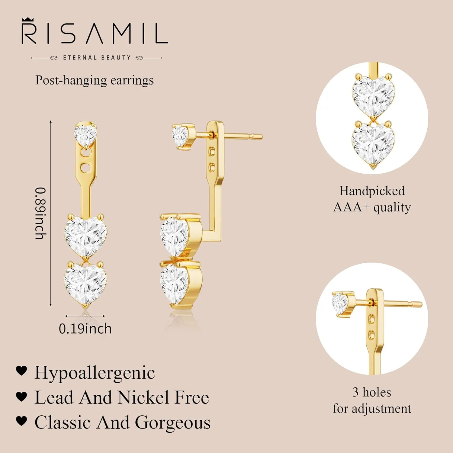Gold Earrings for Women Trendy 14K Ear Jacket Post Hanging Back Studs Adjustable Holes Dainty Lightweight Cubic Zirconia | Bow | Chain | Heart Dangle Jewelry Gifts