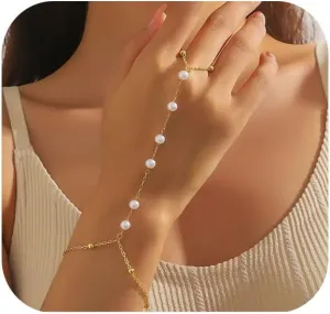 Gold Hand Chain Bracelets for Women 14k Gold Ring Bracelet Hand Chain Pearl Butterfly Finger Ring Bracelet Fashion Jewelry for Mother'S Day Gifts