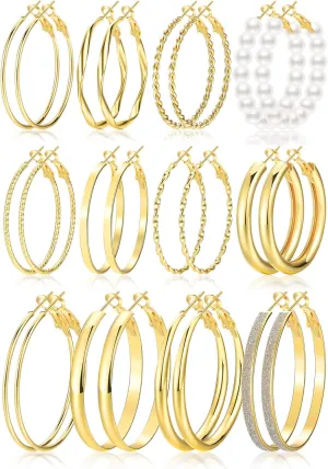 Gold Hoop Earrings Set for Women, 12 Pairs Hypoallergenic Large/Big Thin Thick Gold Hoops Earrings Loop Pack for Jewelry Gift 40mm/50mm