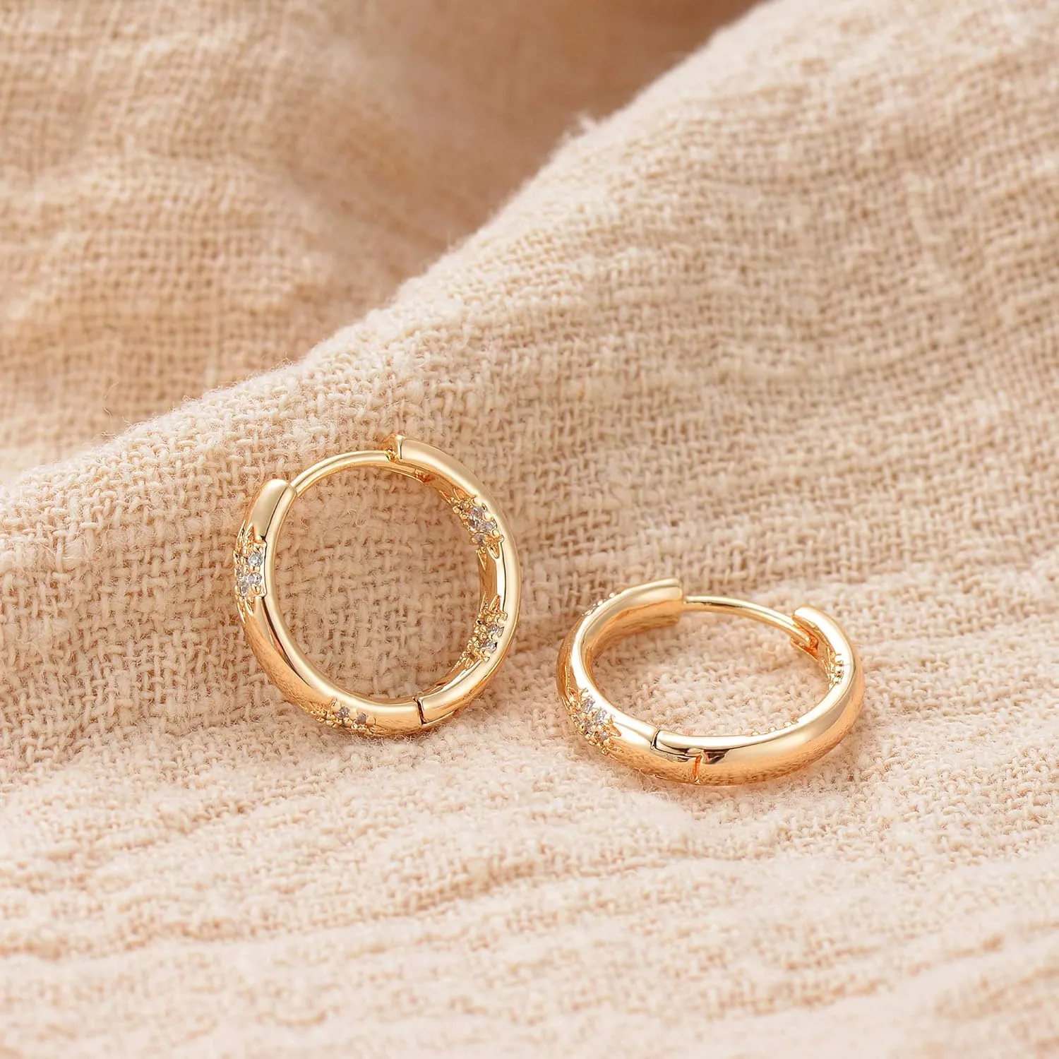 Gold Huggie Hoop Earrings 14K Gold Plated Dainty Chunky Thick Hoop Diamond Cubic Zriconia Inlay Sleeper Tiny Delicate Boho Beach Simple Hypoallergenic Jewelry Gift for Her