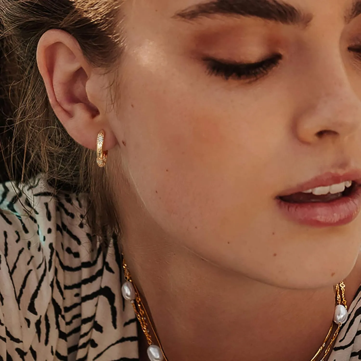 Gold Huggie Hoop Earrings 14K Gold Plated Dainty Chunky Thick Hoop Diamond Cubic Zriconia Inlay Sleeper Tiny Delicate Boho Beach Simple Hypoallergenic Jewelry Gift for Her