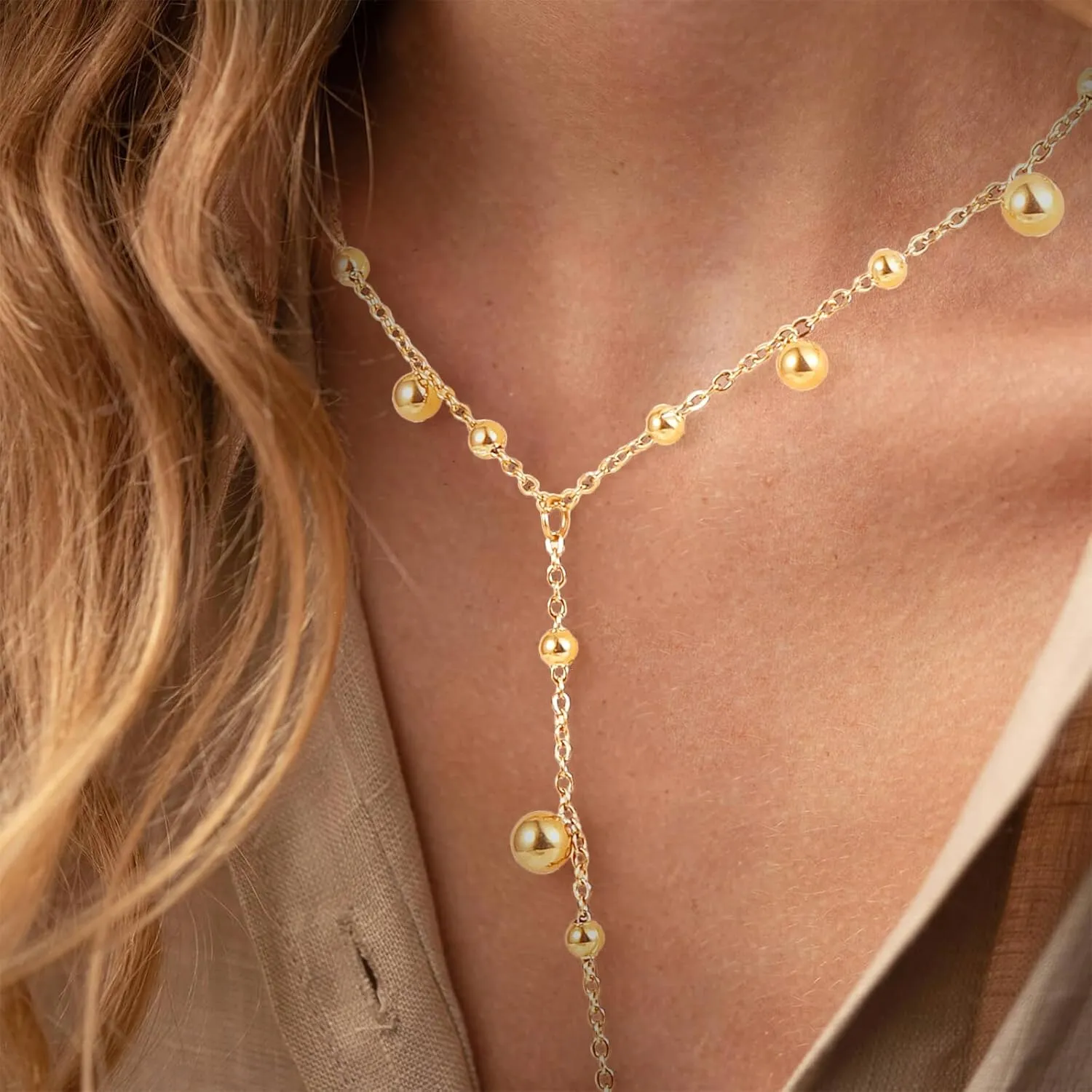 Gold Lariat Necklace for Women Dainty,14k Gold Plated Long Y-Shaped Pendant Necklace Trendy,Gold Layered Pearl Choker Cross Bar CZ Beaded Snake Chain Drop Necklaces Non Tarnish