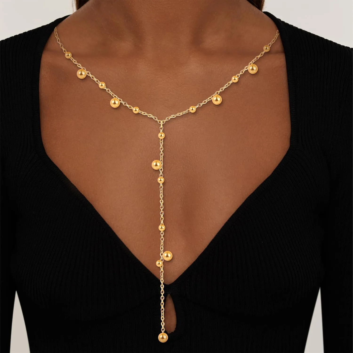 Gold Lariat Necklace for Women Dainty,14k Gold Plated Long Y-Shaped Pendant Necklace Trendy,Gold Layered Pearl Choker Cross Bar CZ Beaded Snake Chain Drop Necklaces Non Tarnish