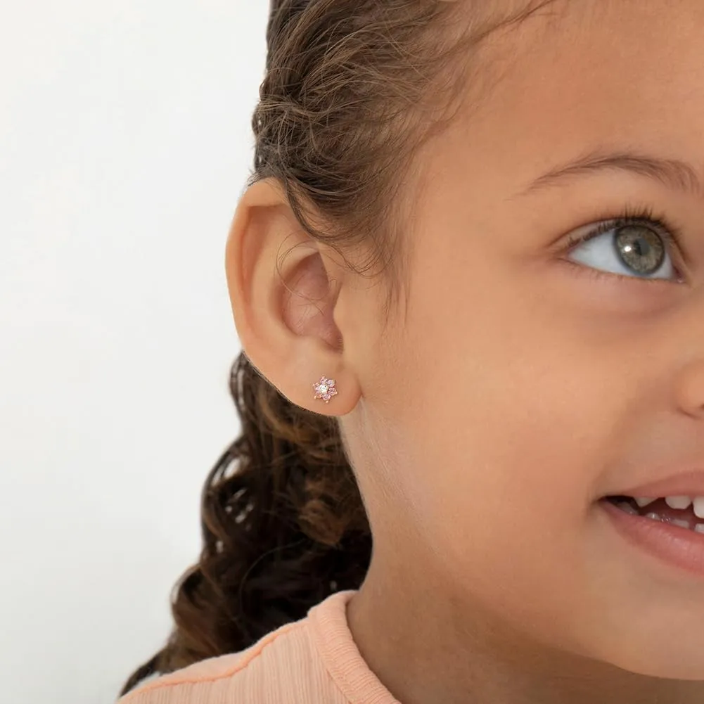 Gold Plated Cubic Zirconia Flower Safety Screw Back Earrings for Babies and Toddlers 5mm - Delicate and Sparkling Flower Earrings for Little Girls - Lovely Floral Studs