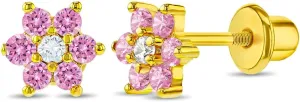 Gold Plated Cubic Zirconia Flower Safety Screw Back Earrings for Babies and Toddlers 5mm - Delicate and Sparkling Flower Earrings for Little Girls - Lovely Floral Studs
