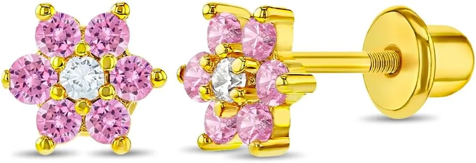 Gold Plated Cubic Zirconia Flower Safety Screw Back Earrings for Babies and Toddlers 5mm - Delicate and Sparkling Flower Earrings for Little Girls - Lovely Floral Studs