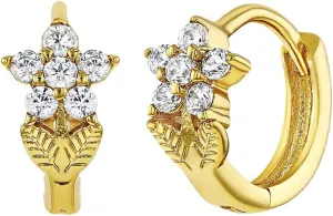 Gold Plated Cubic Zirconia Flower Small Hoop Huggie Earrings for Young Girls and Pre-Teens 8mm - Elegant and Radiant Flower CZ Earrings - Jewelry Gift for Birthdays or Holidays