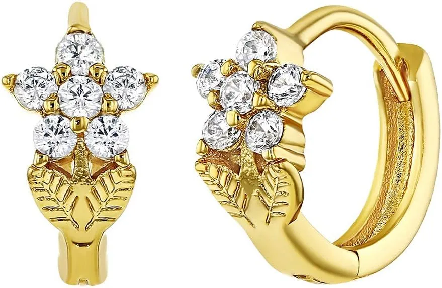 Gold Plated Cubic Zirconia Flower Small Hoop Huggie Earrings for Young Girls and Pre-Teens 8mm - Elegant and Radiant Flower CZ Earrings - Jewelry Gift for Birthdays or Holidays