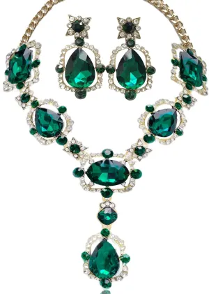 Gold Prom Jewelry Sets - Chunky Green Rhinestone Bib Necklace & Earrings, Emerald Statement Costume Summer Jewelry for Women, Graduation Gifts for Her