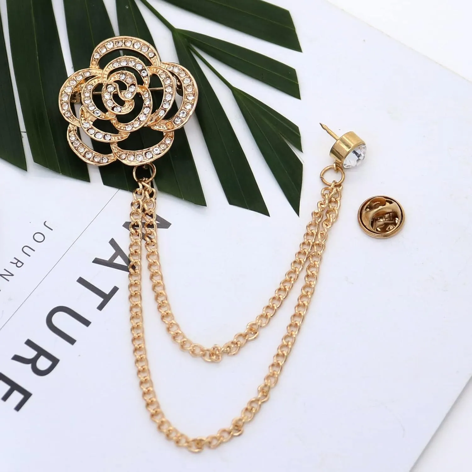 Gold Silver Plated Chain Rose Flower Violin Five-pointed Star Brooches Collar Pins Crystal With Hanging Chain Suit Shirt Lapel Brooch Pin Fashion Jewelry for Men Boy