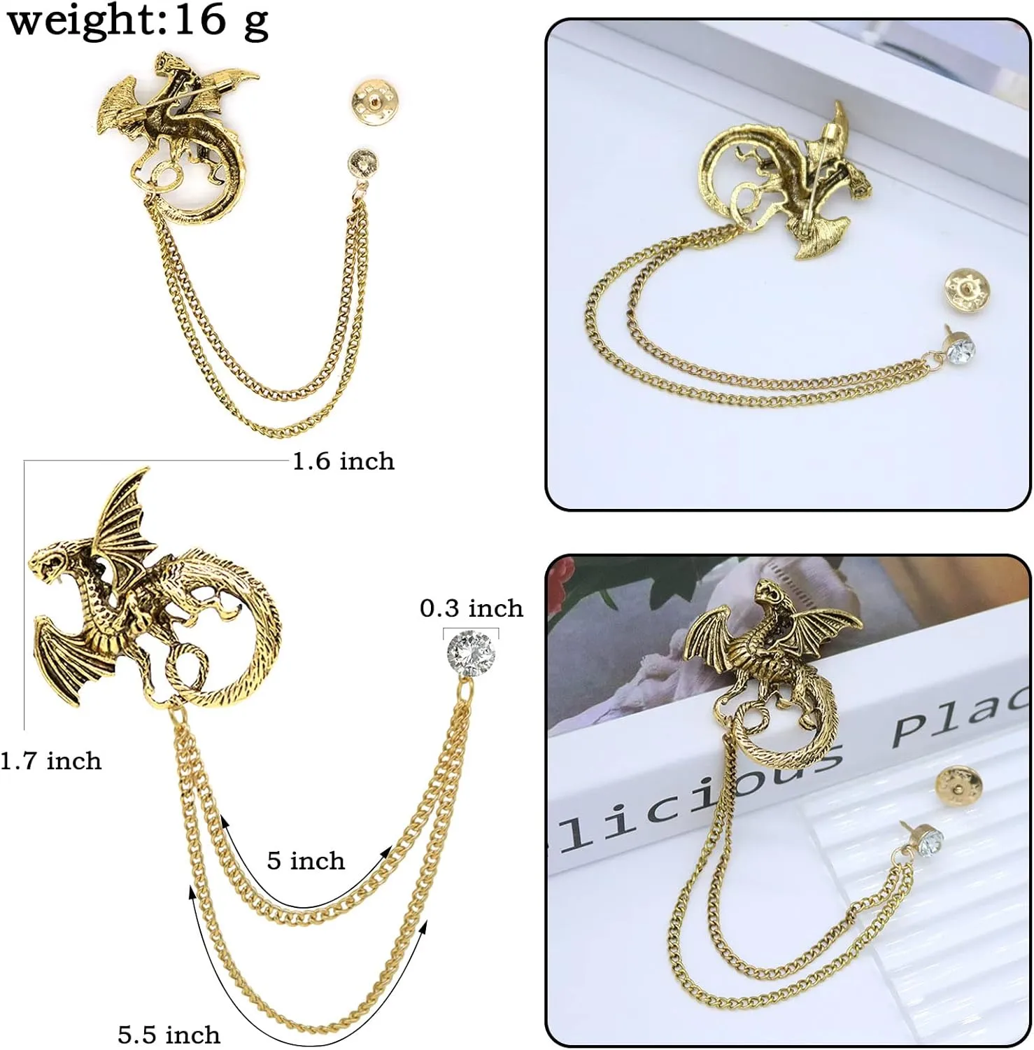 Gold Silver Plated Chain Rose Flower Violin Five-pointed Star Brooches Collar Pins Crystal With Hanging Chain Suit Shirt Lapel Brooch Pin Fashion Jewelry for Men Boy