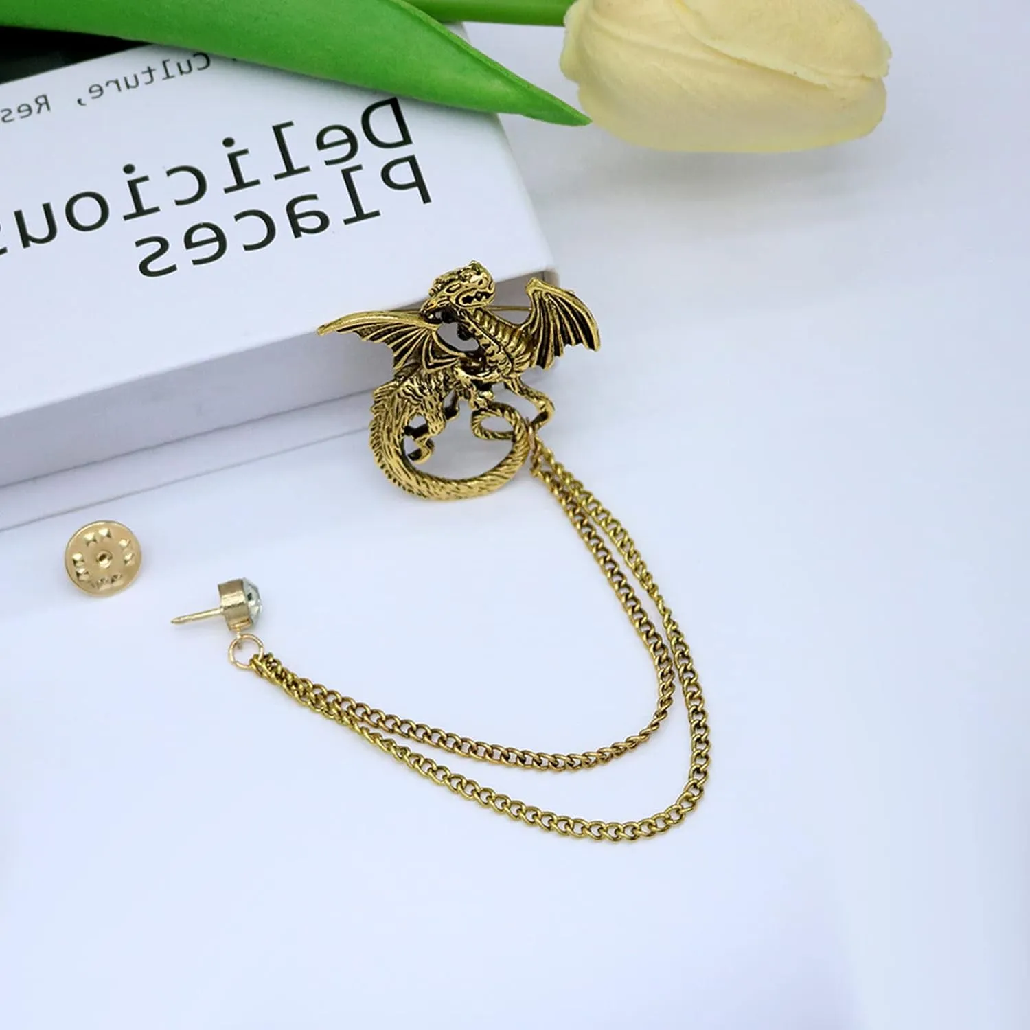 Gold Silver Plated Chain Rose Flower Violin Five-pointed Star Brooches Collar Pins Crystal With Hanging Chain Suit Shirt Lapel Brooch Pin Fashion Jewelry for Men Boy