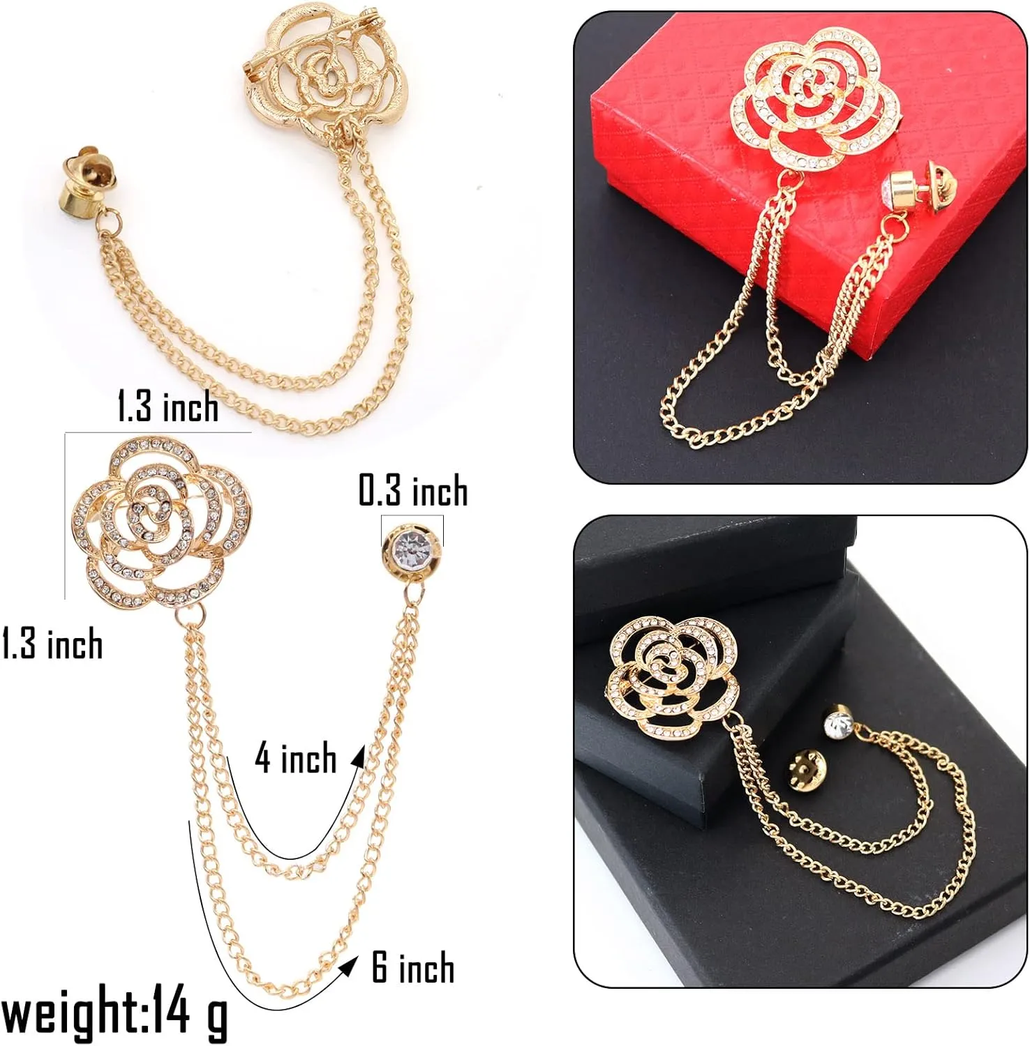Gold Silver Plated Chain Rose Flower Violin Five-pointed Star Brooches Collar Pins Crystal With Hanging Chain Suit Shirt Lapel Brooch Pin Fashion Jewelry for Men Boy