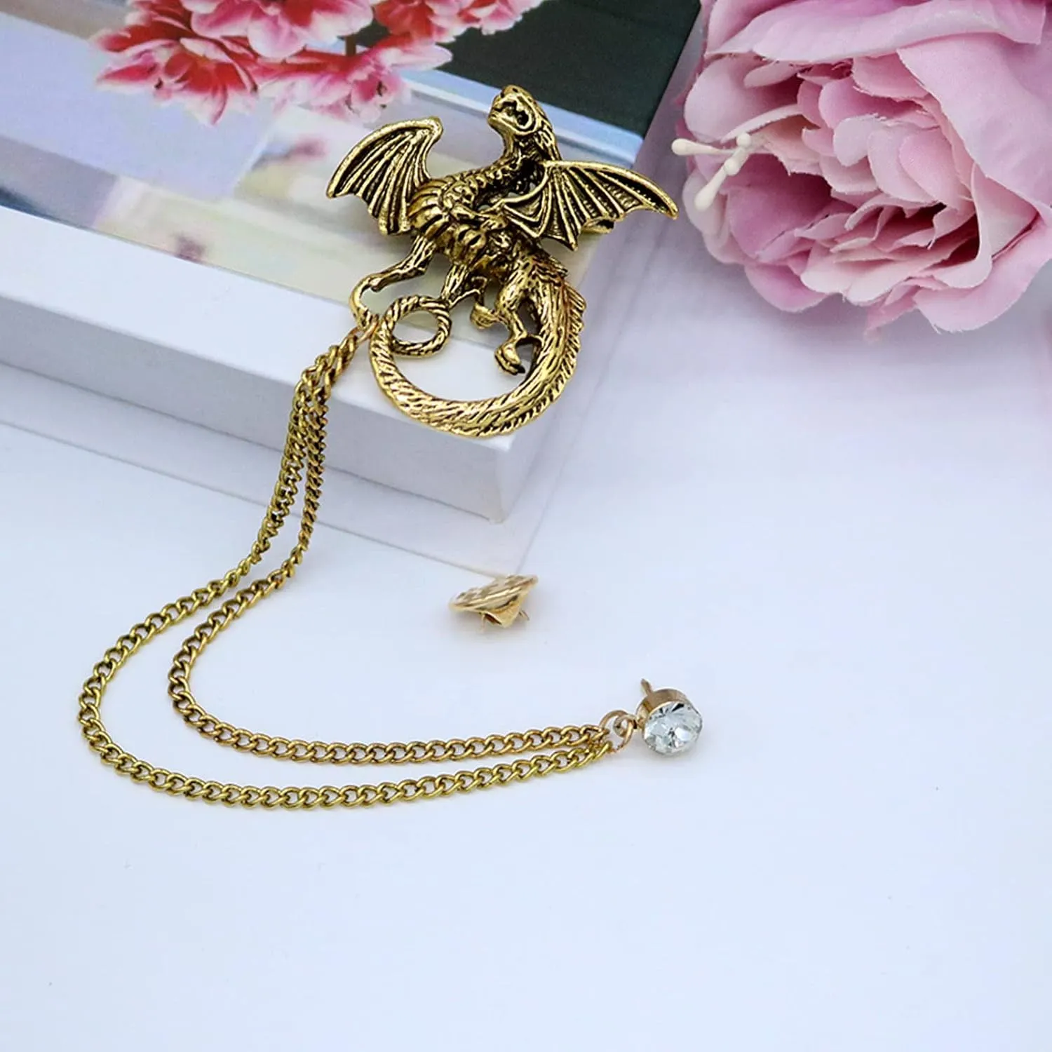 Gold Silver Plated Chain Rose Flower Violin Five-pointed Star Brooches Collar Pins Crystal With Hanging Chain Suit Shirt Lapel Brooch Pin Fashion Jewelry for Men Boy