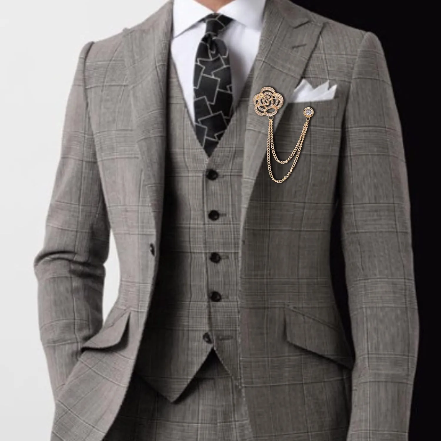 Gold Silver Plated Chain Rose Flower Violin Five-pointed Star Brooches Collar Pins Crystal With Hanging Chain Suit Shirt Lapel Brooch Pin Fashion Jewelry for Men Boy