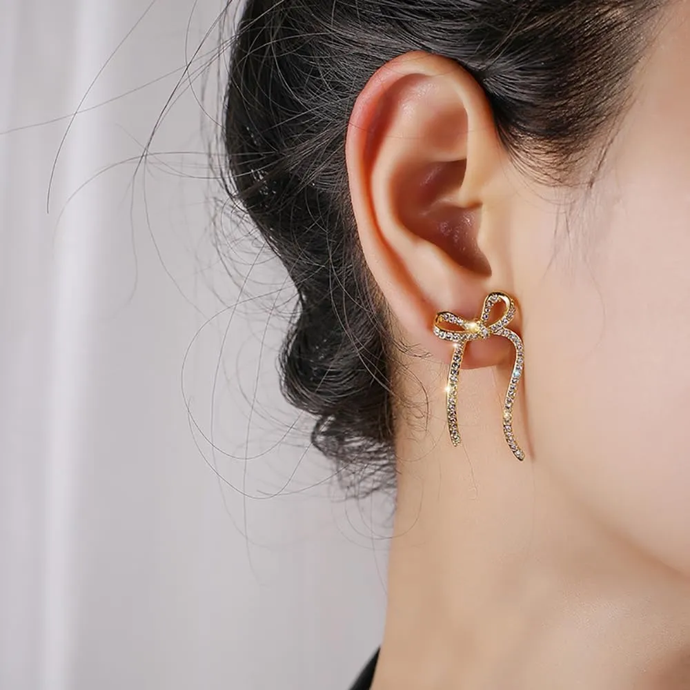 Gold Sparkly Rhinestone Bow Earrings for Women,Long Chain Bowknot Tassel Drop Dangle Earrings Jewelry for Gifts Party,Trendy Crystal Studs Earrings